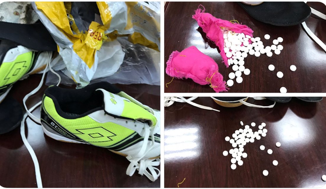 احباط تهريب 300 حبة مخدرة أخفيت في لسان حذاء رياضي